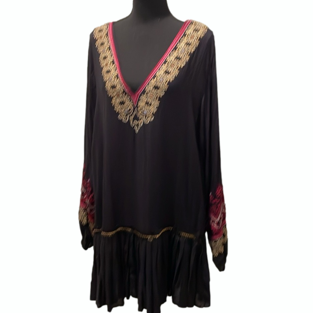 Free People Wild One Peasant Mini Dress SizeS Gold Embroidered Boho Urban Peplum